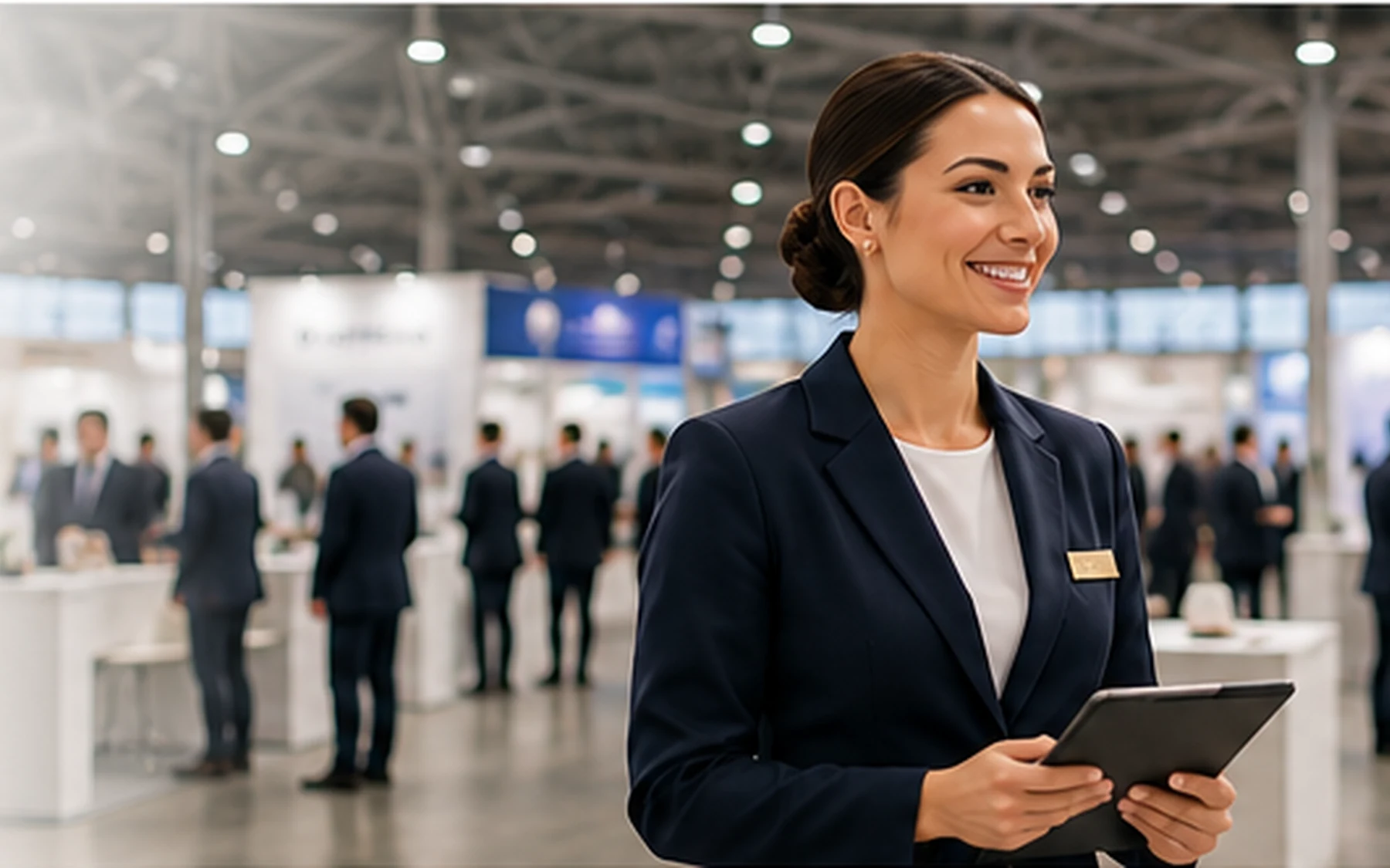 Hostess professionale al lavoro in un padiglione fieristico di Milano